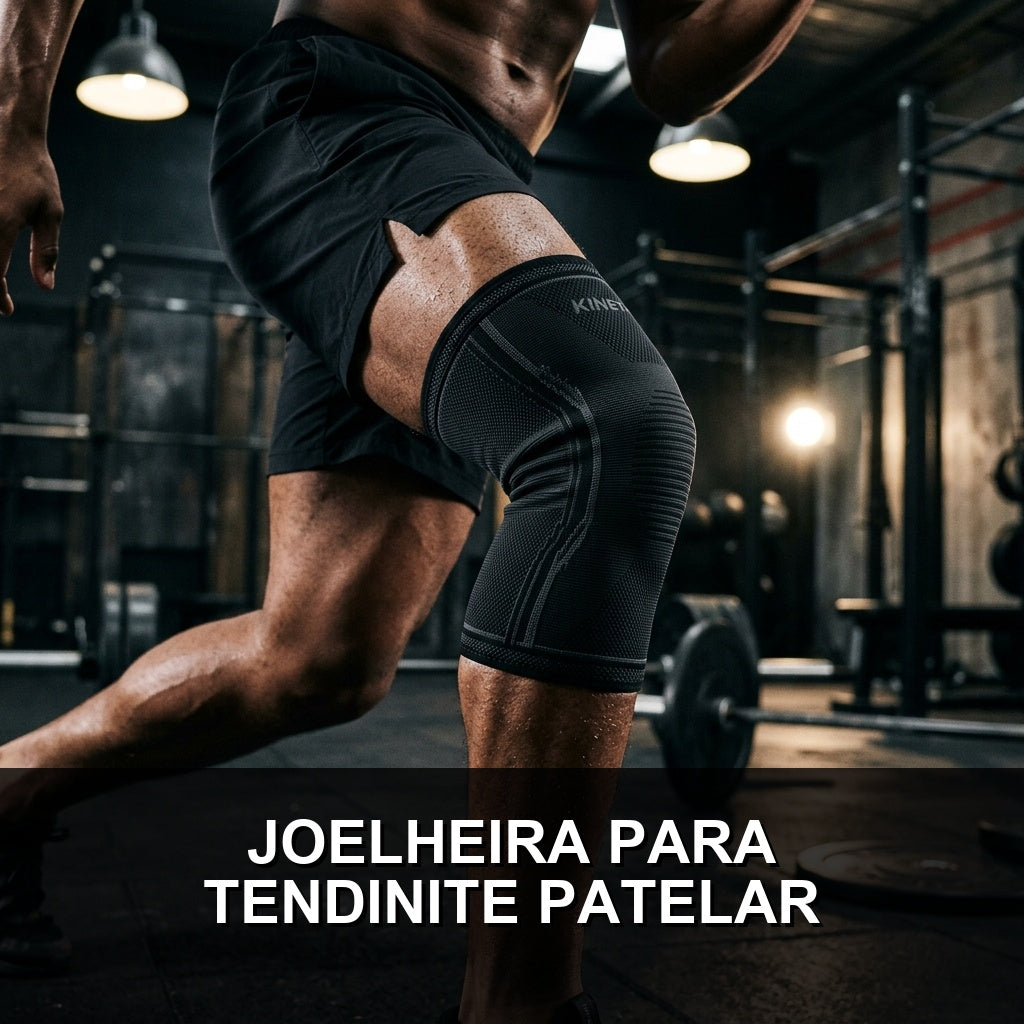 Atleta usando joelheira de compressão preta para tratamento de tendinite patelar