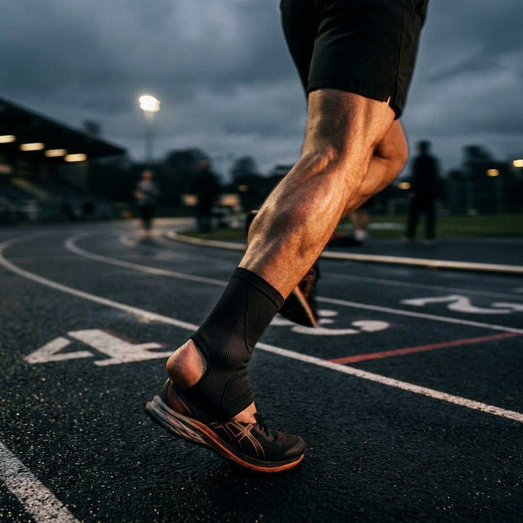 Atleta correndo em pista com tornozeleira de compressão elástica preta