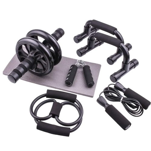 Kit treino em casa com 6 peças completo - rolo abdominal, push-up, corda, expansor, gripper e tapete